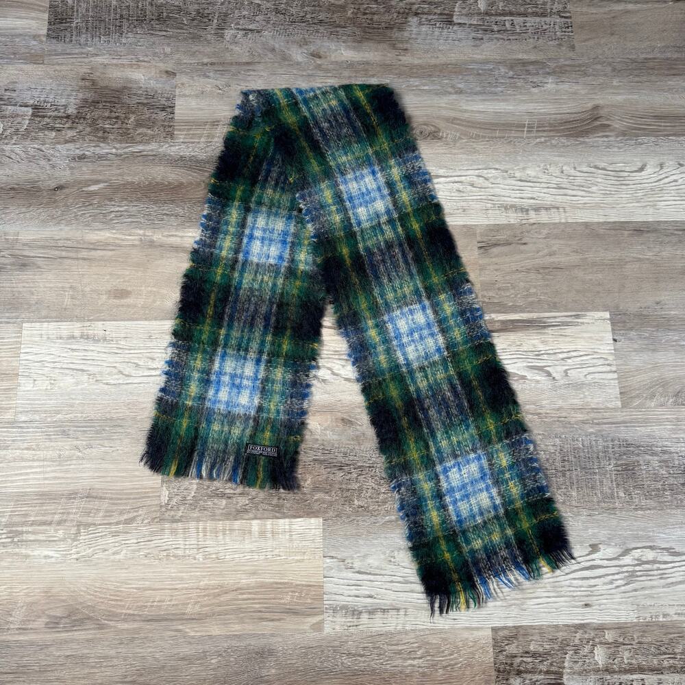 Foxford Ireland Mohair Wool Plaid Scarf Green Blue Fringe Quiet Luxury Preppy